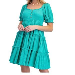Easel Puff Sleeve Tiered Mini Babydoll Dress Green Small Flowy Romantic Boho NWT